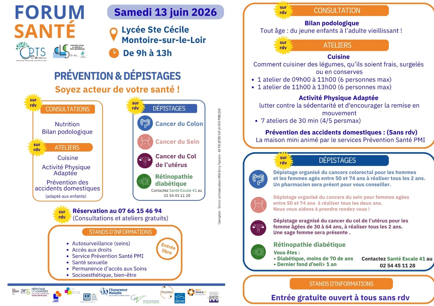 Bonjour à tous

Dans le cadre des actions de prévention menées sur le territoire, un forum santé prévention intitulé « Soyez acteur de votre santé », dédié notamment au dépistage des cancers, sera organisé à Montoire-sur-le-Loir le samedi 13 juin, de 9h à 13h, dans les locaux du Lycée Sainte-Cécile.

Au cours de cette matinée, plusieurs consultations et ateliers gratuits seront proposés (sur rendez-vous conseillé) :

Sage-femme : réalisation sur place de frottis de dépistage gratuits pour les femmes de 26 à 65 ans ;

Diététicienne : deux ateliers culinaires de deux heures autour de la préparation des légumes frais, surgelés et en conserve ;

Enseignant en Activité Physique Adaptée : ateliers d’activité physique adaptée de 30 minutes ; que j'animerai 😊.

Podologue : bilans podologiques pour tous les âges.

Des stands partenaires seront également accessibles sans rendez-vous : Ligue contre le cancer, accès aux droits, prévention et PMI, prévention des addictions, PASS (Permanence d’Accès aux Soins de Santé) et santé sexuelle.

N'hésitez pas à partager. C'est un évènement gratuit.

On vous attend 😊.

Bien à tous

@depistagecancers
@liguecontrelecancer #sportsanté #depistage #santé